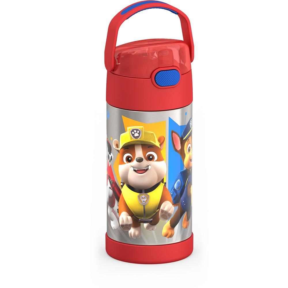 12 ounce Funtainer water bottle, side view, handle up, Paw Patrol, Red.