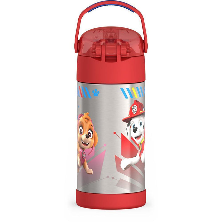 12 ounce Funtainer water bottle, back view, handle up, Paw Patrol, Red.