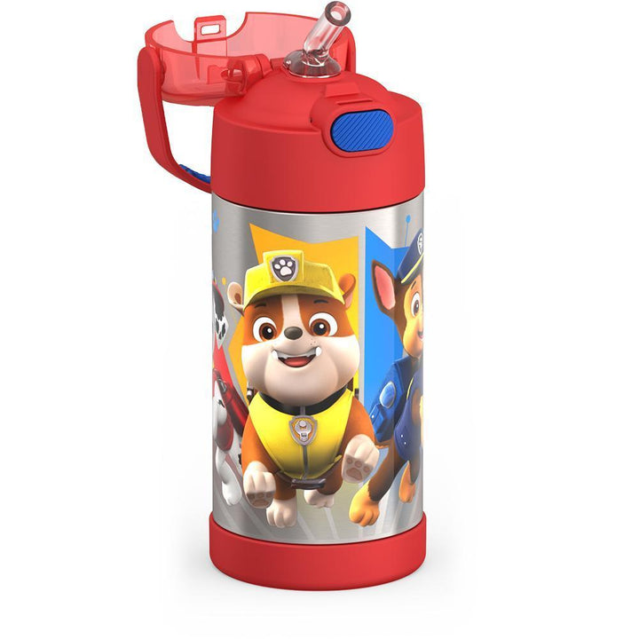 12 ounce Funtainer water bottle, Paw Patrol, Red, straw inset.