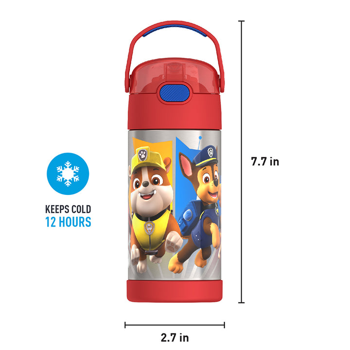 12 ounce Funtainer water bottle, Paw Patrol, front view with handle up. 7.7 inches tall, 2.7 inches wide at base. Keeps Cold 12 Hours.