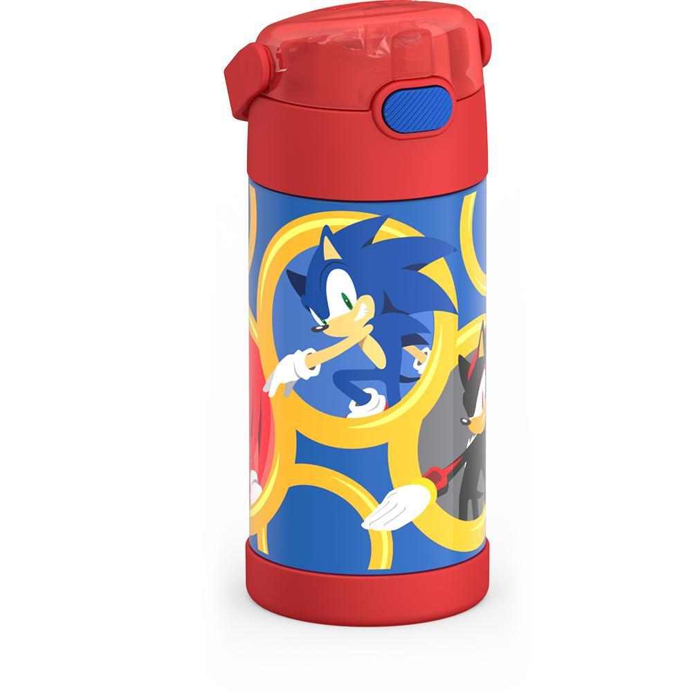 12 ounce Funtainer water bottle, Sonic the Hedgehog, Red, side view, handle down.