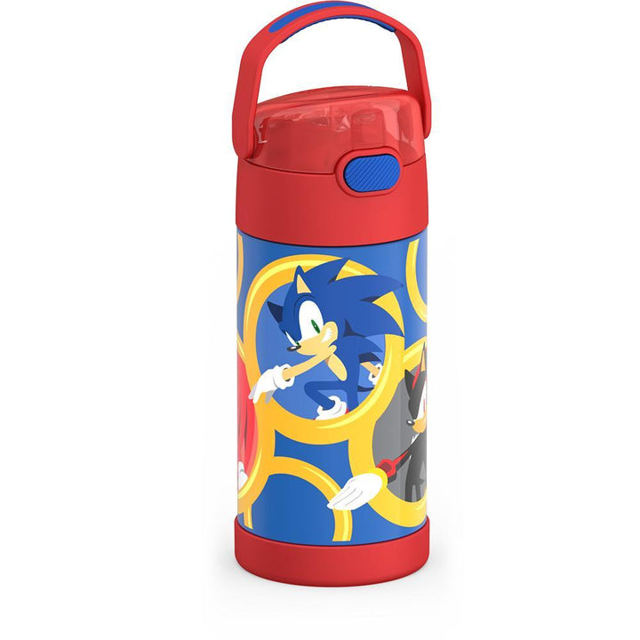 12 ounce Funtainer water bottle, Sonic the Hedgehog, Red, front view, handle up.