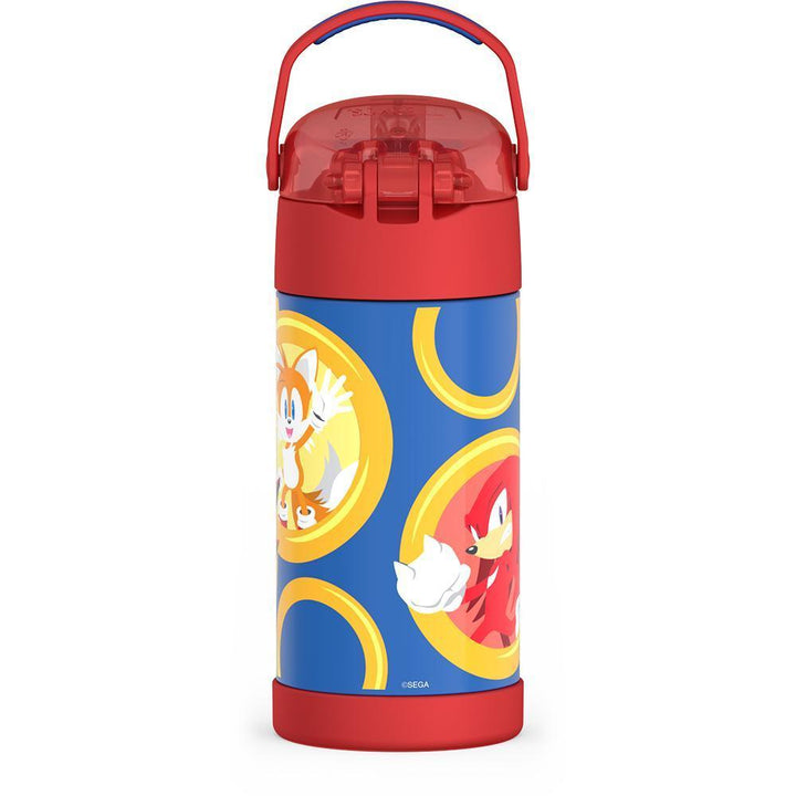 12 ounce Funtainer water bottle, back view, handle up, Sonic the Hedgehog, Red.