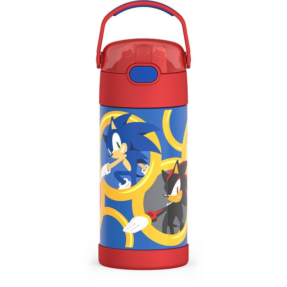 12 ounce Funtainer water bottle, Sonic the Hedgehog, Red, front view, handle up.