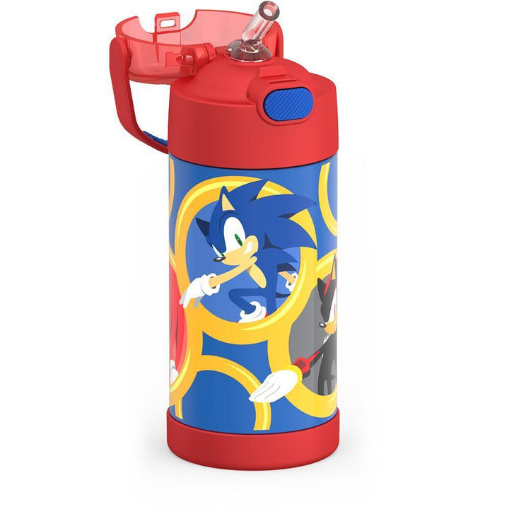 12 ounce Funtainer water bottle, Sonic the Hedgehog, Red, straw inset.