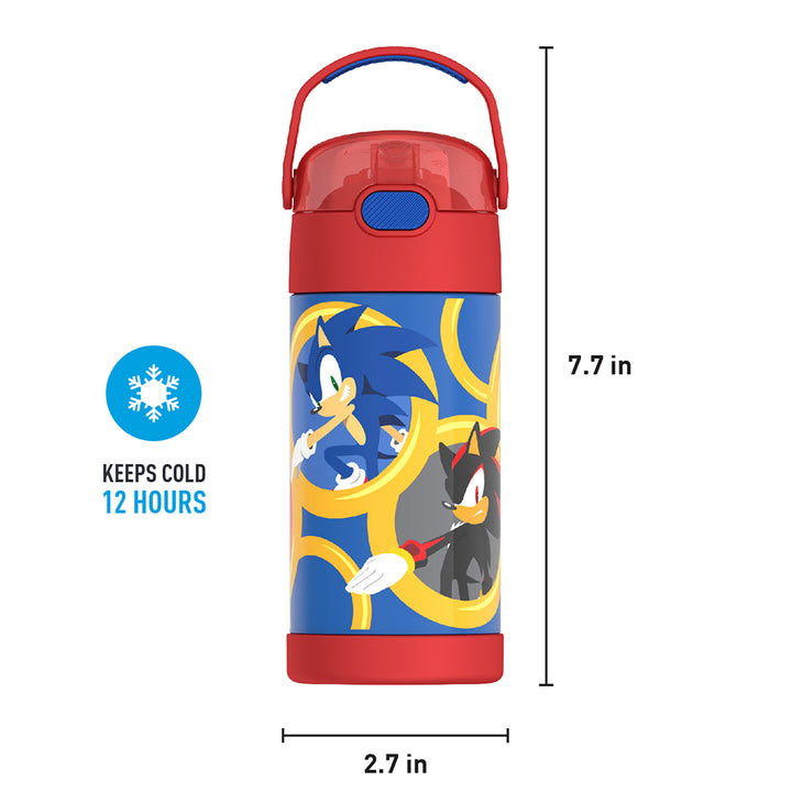 12 ounce Funtainer water bottle, Sonic the Hedgehog, Red, front view with handle up. 7.7 inches tall, 2.7 inches wide at base. Keeps Cold 12 Hours.