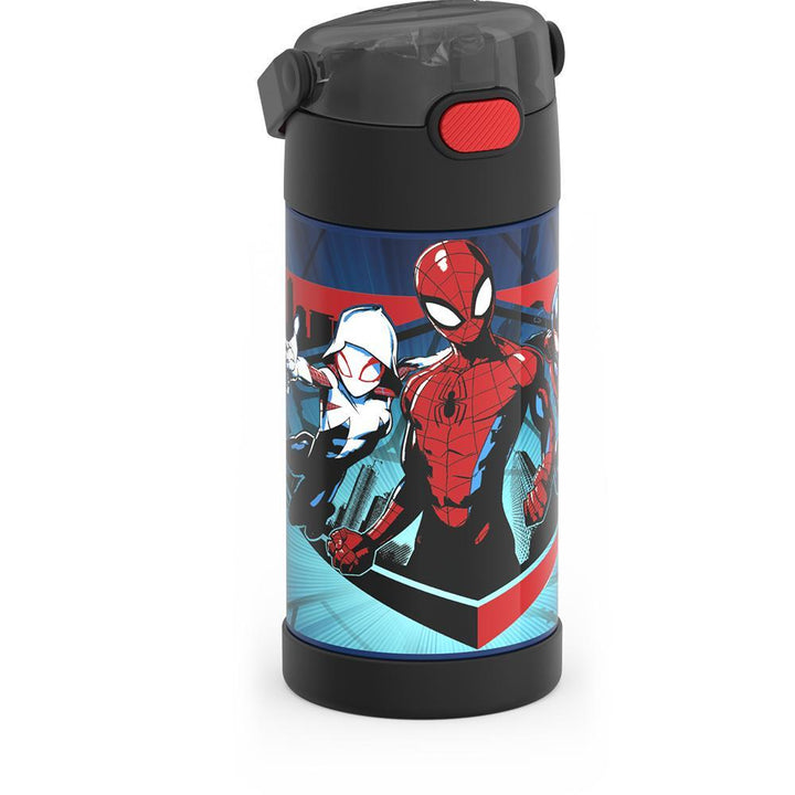 12 ounce Funtainer water bottle, Spider-Man, Black and Red, side view, handle down.