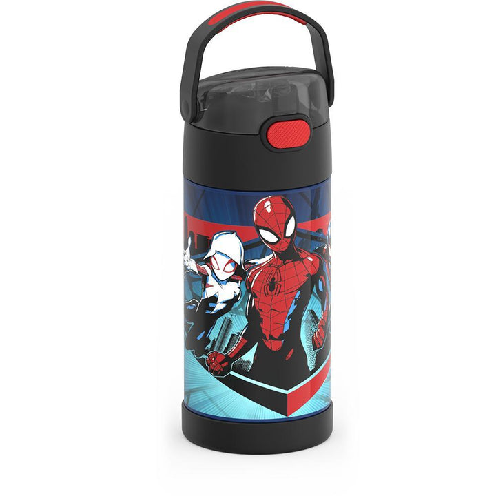 12 ounce Funtainer water bottle, side view, handle up, Spider-Man, Black and Red.