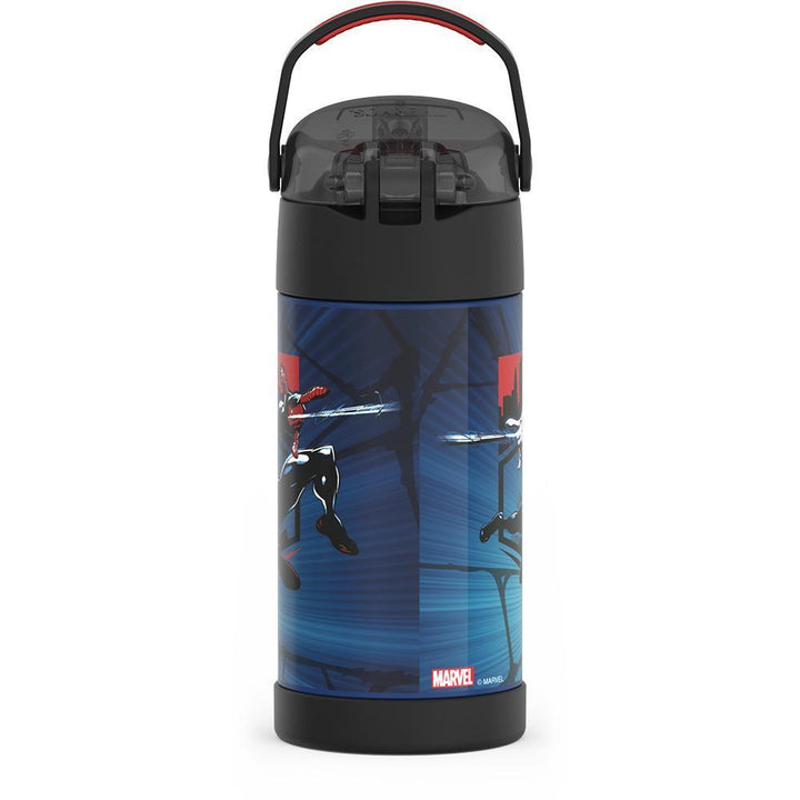 12 ounce Funtainer water bottle, back view, handle up, Spider-Man, Black and Red.