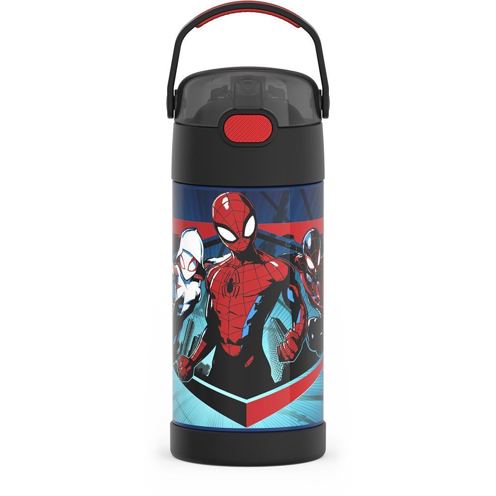 12 ounce Funtainer water bottle, Spider-Man, Black and Red, front view, handle up.