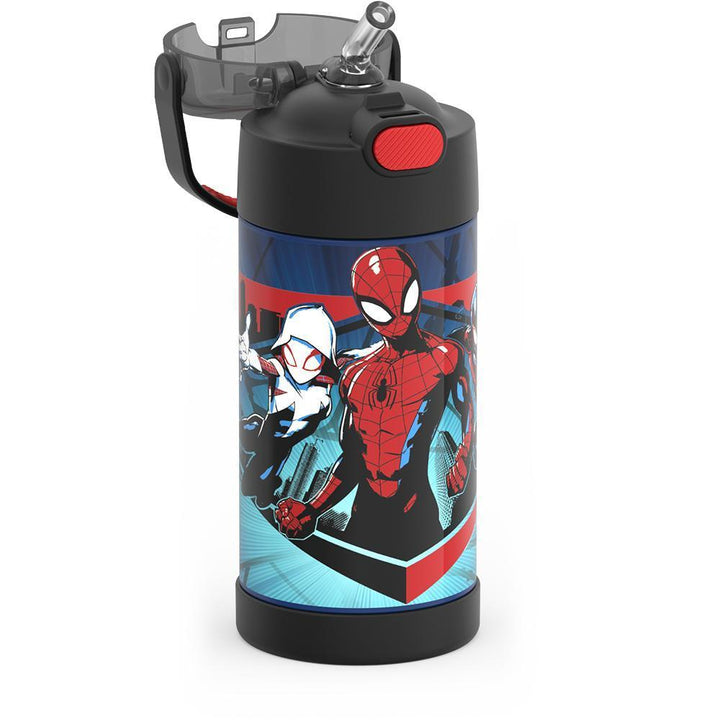 12 ounce Funtainer water bottle, Spider-Man, Black and Red, straw inset.