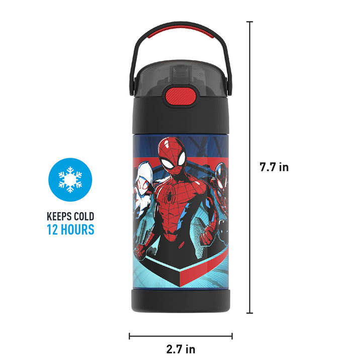 12 ounce Funtainer water bottle, Spider-Man, Black and Red, front view with handle up. 7.7 inches tall, 2.7 inches wide at base. Keeps Cold 12 Hours.