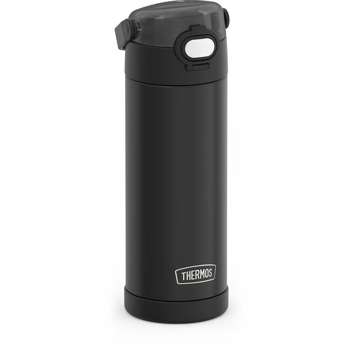 16-ounce Funtainer Stainless Steel Water Bottle with Spout and locking lid, Matte Black, side view, handle down.