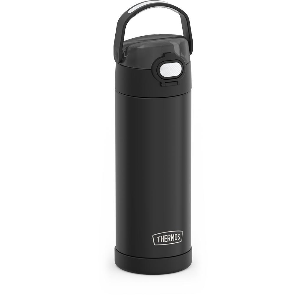 16-ounce Funtainer Stainless Steel Water Bottle with Spout and locking lid, Matte Black, side view, handle up.