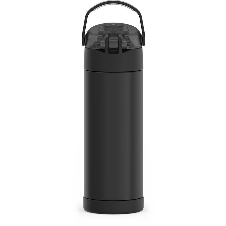 16-ounce Funtainer Stainless Steel Water Bottle with Spout and locking lid,  back view, handle up, Matte Black.