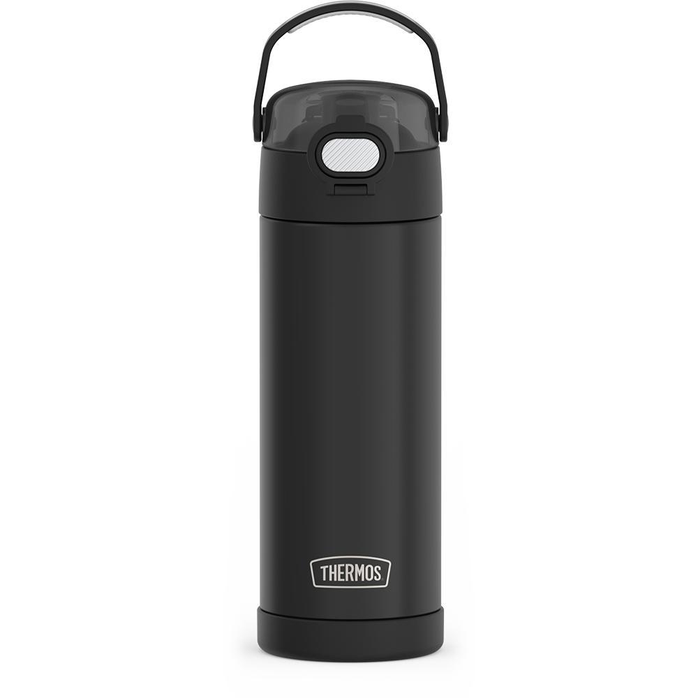 16-ounce Kids Stainless Steel Water Bottle with Spout and locking lid, Matte Black, front view, handle up.