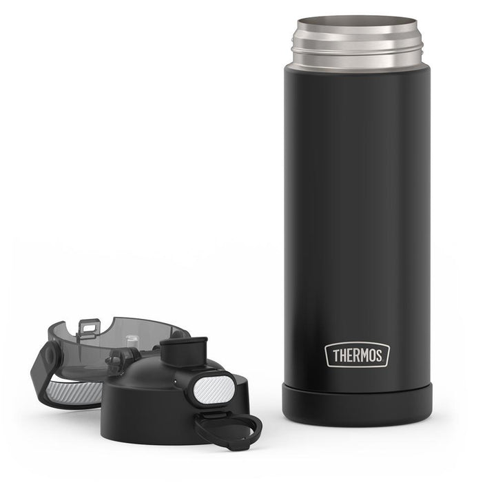 16-ounce Funtainer Stainless Steel Water Bottle with Spout and locking lid, Matte Black, lid removed and open.