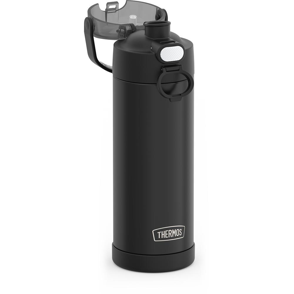 16-ounce Funtainer Stainless Steel Water Bottle with Spout and locking lid, Matte Black, side view, lid open showing spout.