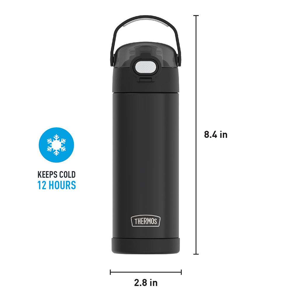 16-ounce Funtainer Stainless Steel Water Bottle with Spout and locking lid, Matte Black, front view with handle up. 8.4 inches tall, 2.8 inches wide at base. Keeps Cold 12 Hours.