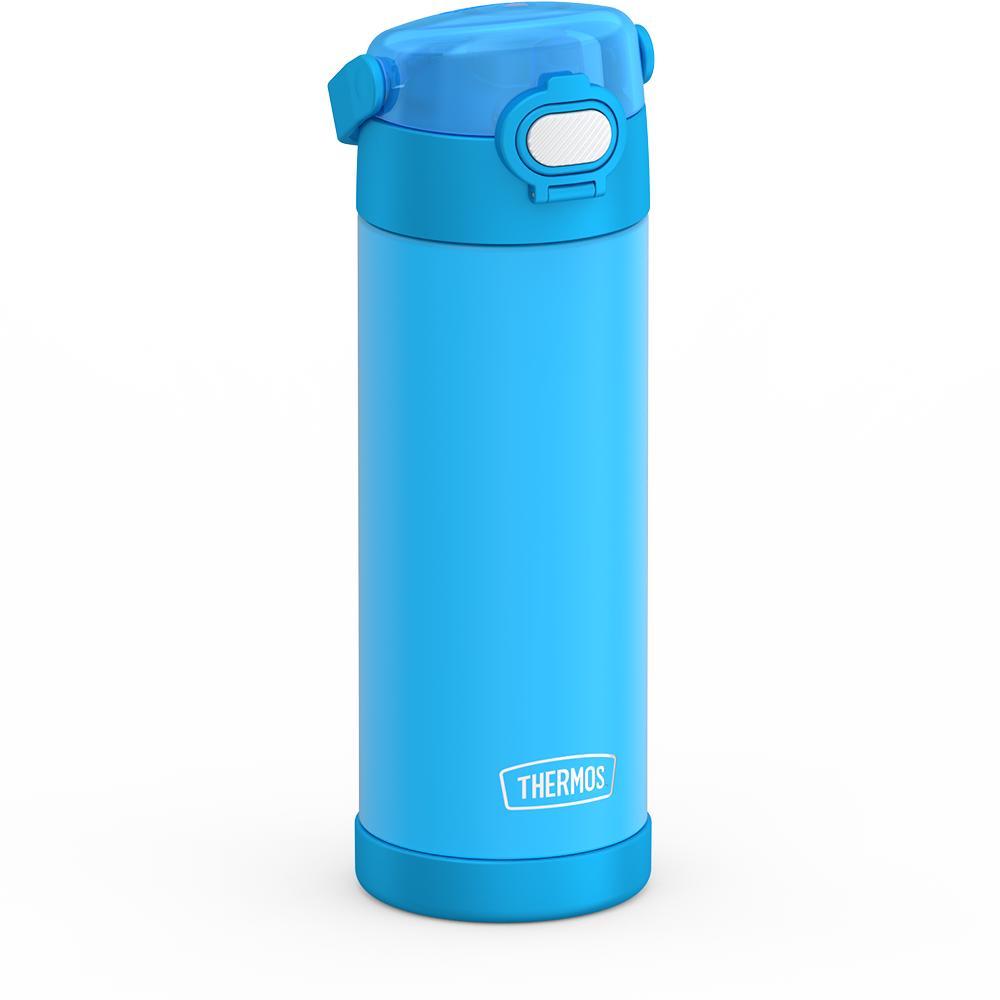 16-ounce Kids Stainless Steel Water Bottle with Spout and locking lid, Electric Blue, side view, handle down.