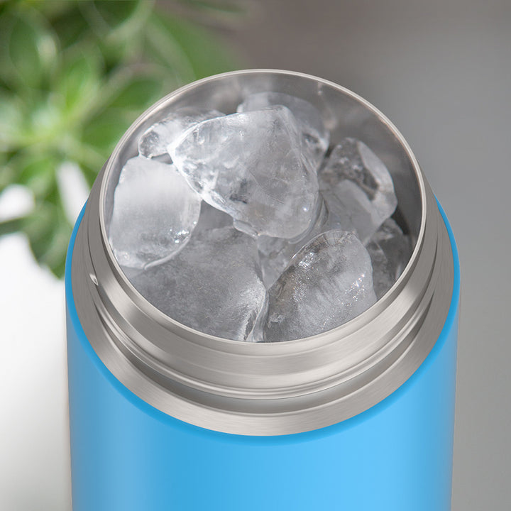 16-ounce Electric Blue Funtainer water bottle, opened and full of ice.