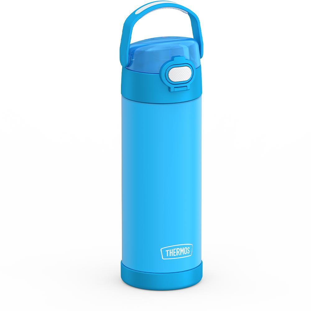 16-ounce Funtainer Stainless Steel Water Bottle with Spout and locking lid, Electric Blue, side view, handle up.