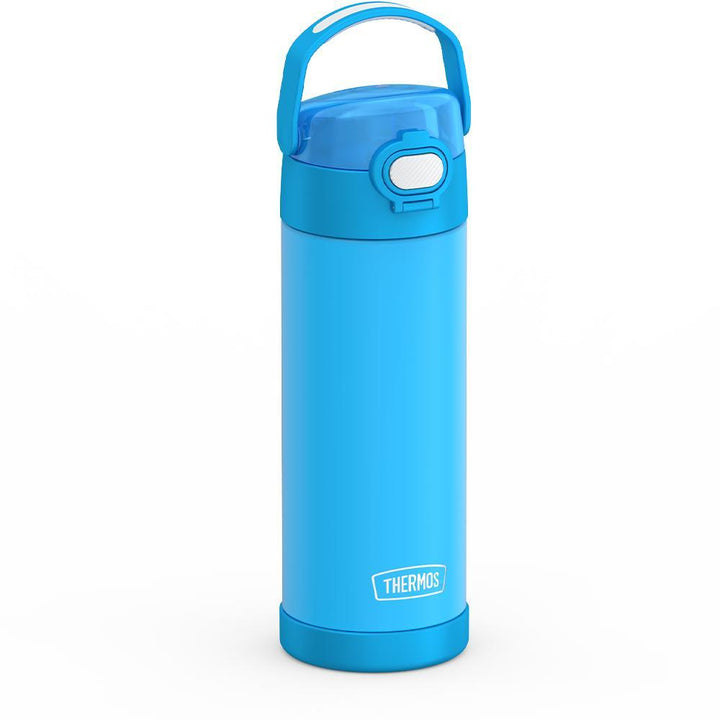 16-ounce Funtainer Stainless Steel Water Bottle with Spout and locking lid, Electric Blue, side view, handle up.