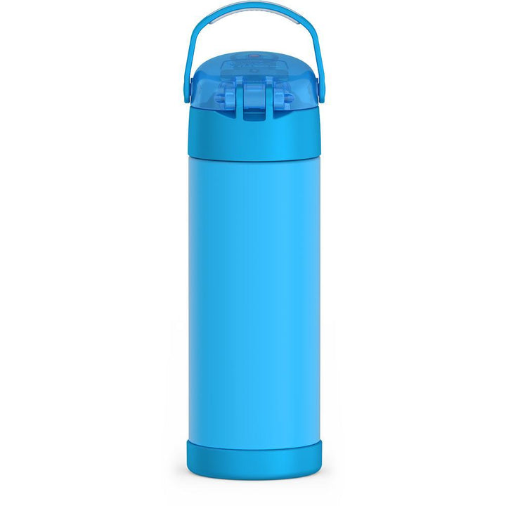 16-ounce Funtainer Stainless Steel Water Bottle with Spout and locking lid,  back view, handle up, Electric Blue.