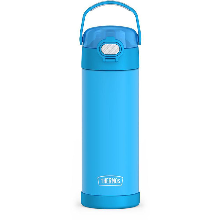 16-ounce Funtainer Stainless Steel Water Bottle with Spout and locking lid, Electric Blue, front view, handle up.