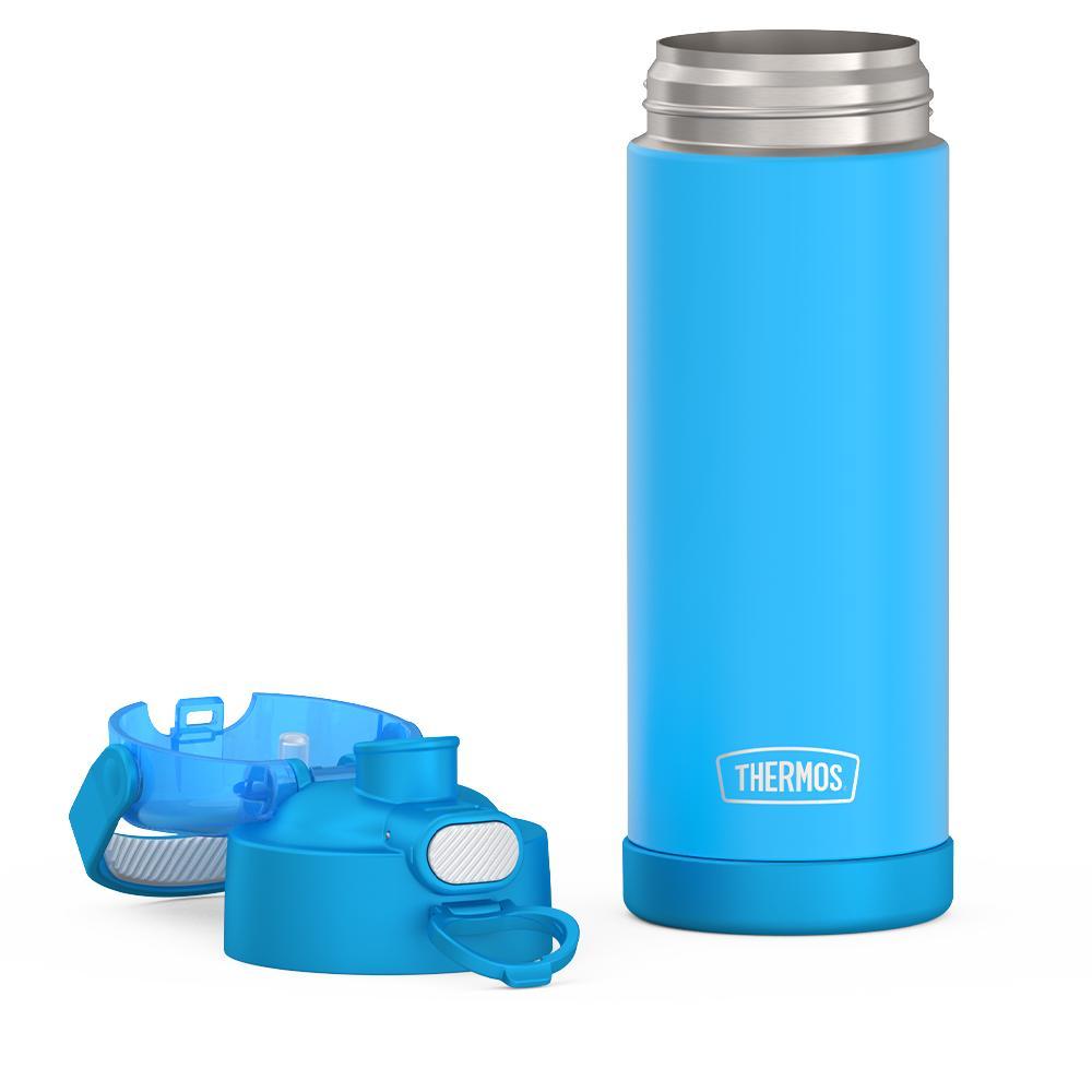 16-ounce Funtainer Stainless Steel Water Bottle with Spout and locking lid, Electric Blue, unassembled - lid removed.