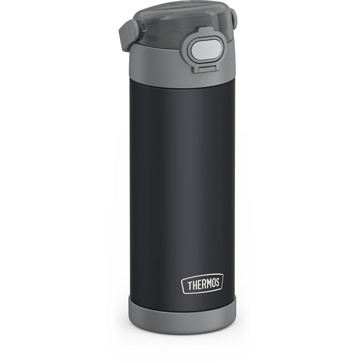 16-ounce Funtainer Stainless Steel Water Bottle with Spout and locking lid, Charcoal, side view, handle down.