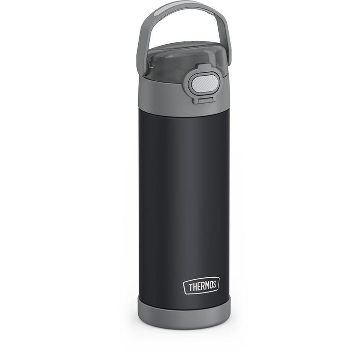 16-ounce Funtainer Stainless Steel Water Bottle with Spout and locking lid, Charcoal, side view, handle up.