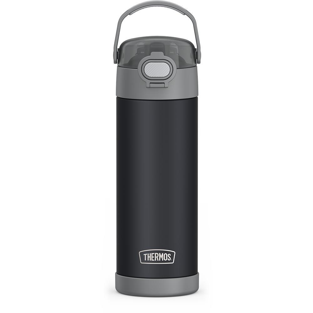 16-ounce Kids Stainless Steel Water Bottle with Spout and locking lid, Charcoal, front view, handle up.