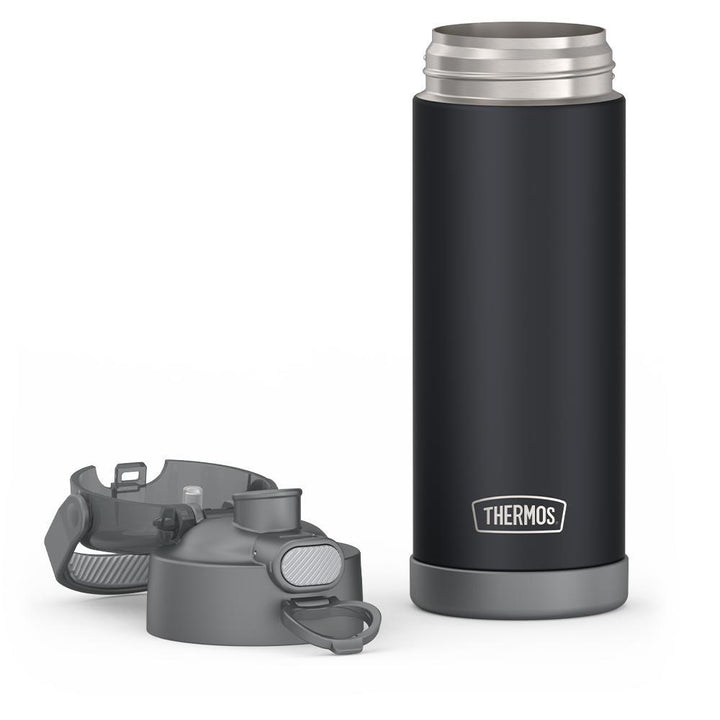 16-ounce Funtainer Stainless Steel Water Bottle with Spout and locking lid, Charcoal, lid removed and open.