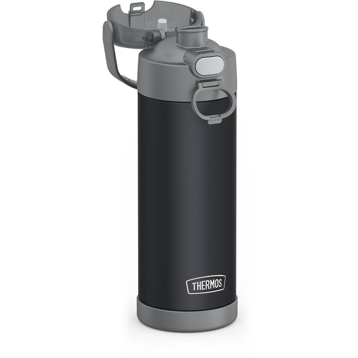 16-ounce Funtainer Stainless Steel Water Bottle with Spout and locking lid, Charcoal, side view, lid open showing spout.