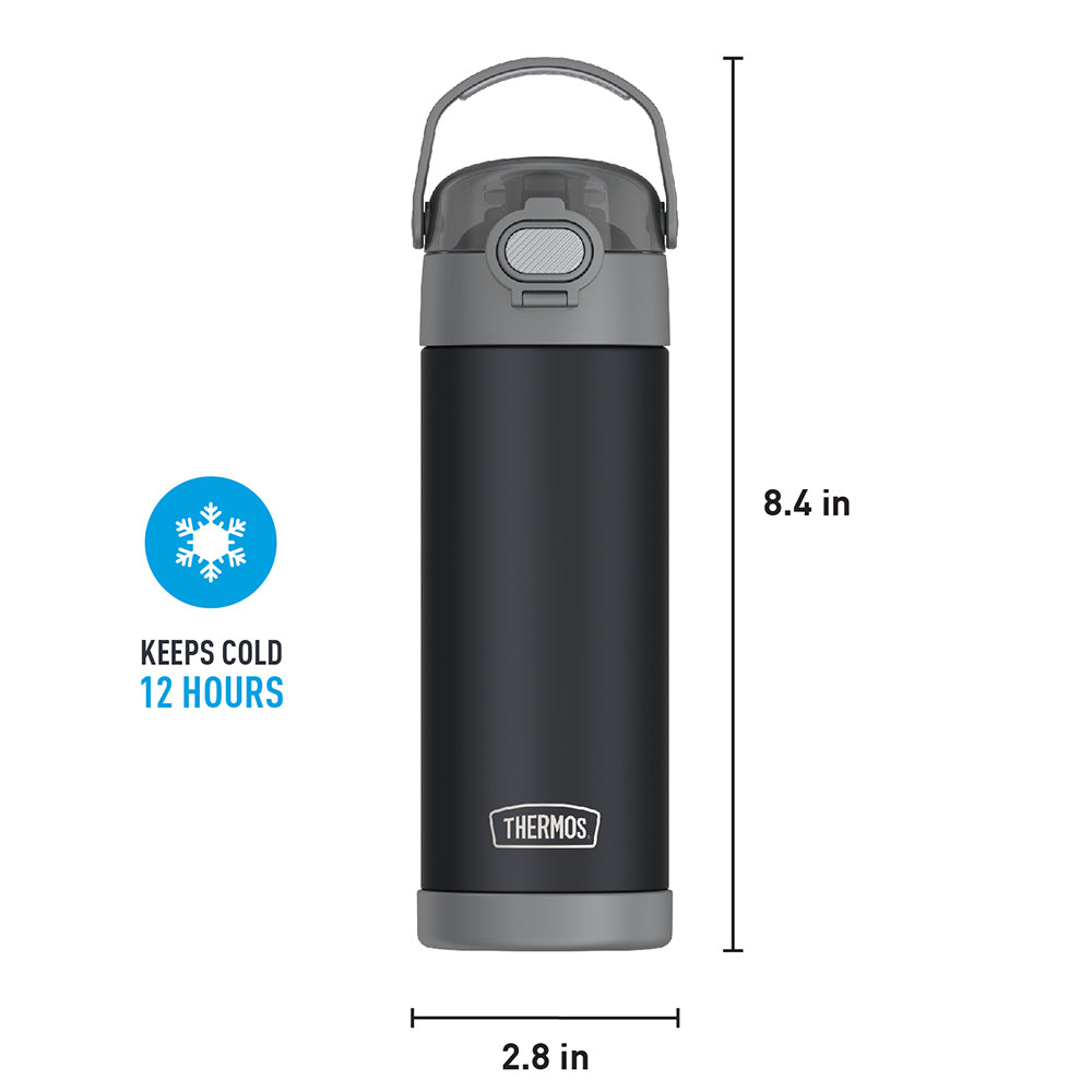 16-ounce Funtainer Stainless Steel Water Bottle with Spout and locking lid, Charcoal, front view with handle up. 8.4 inches tall, 2.8 inches wide at base. Keeps Cold 12 Hours.