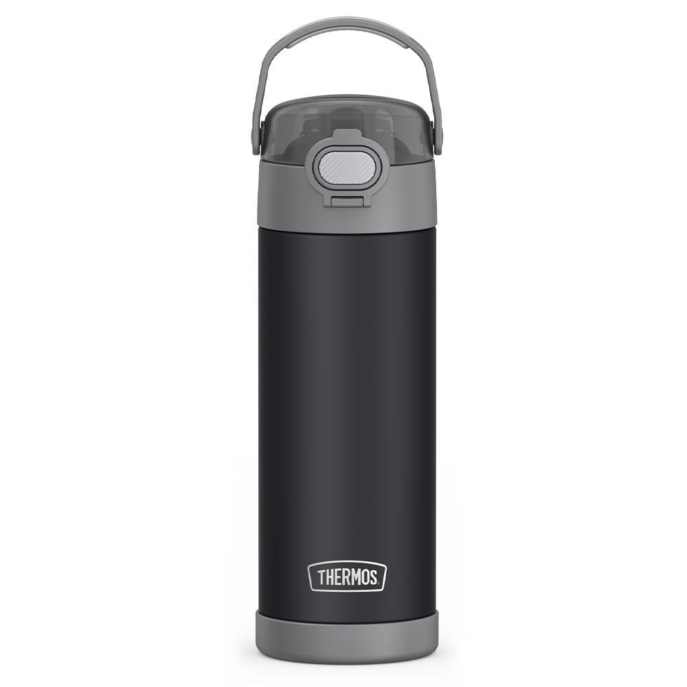 16-ounce Funtainer Stainless Steel Water Bottle with Spout and locking lid, Charcoal, front view, handle up.