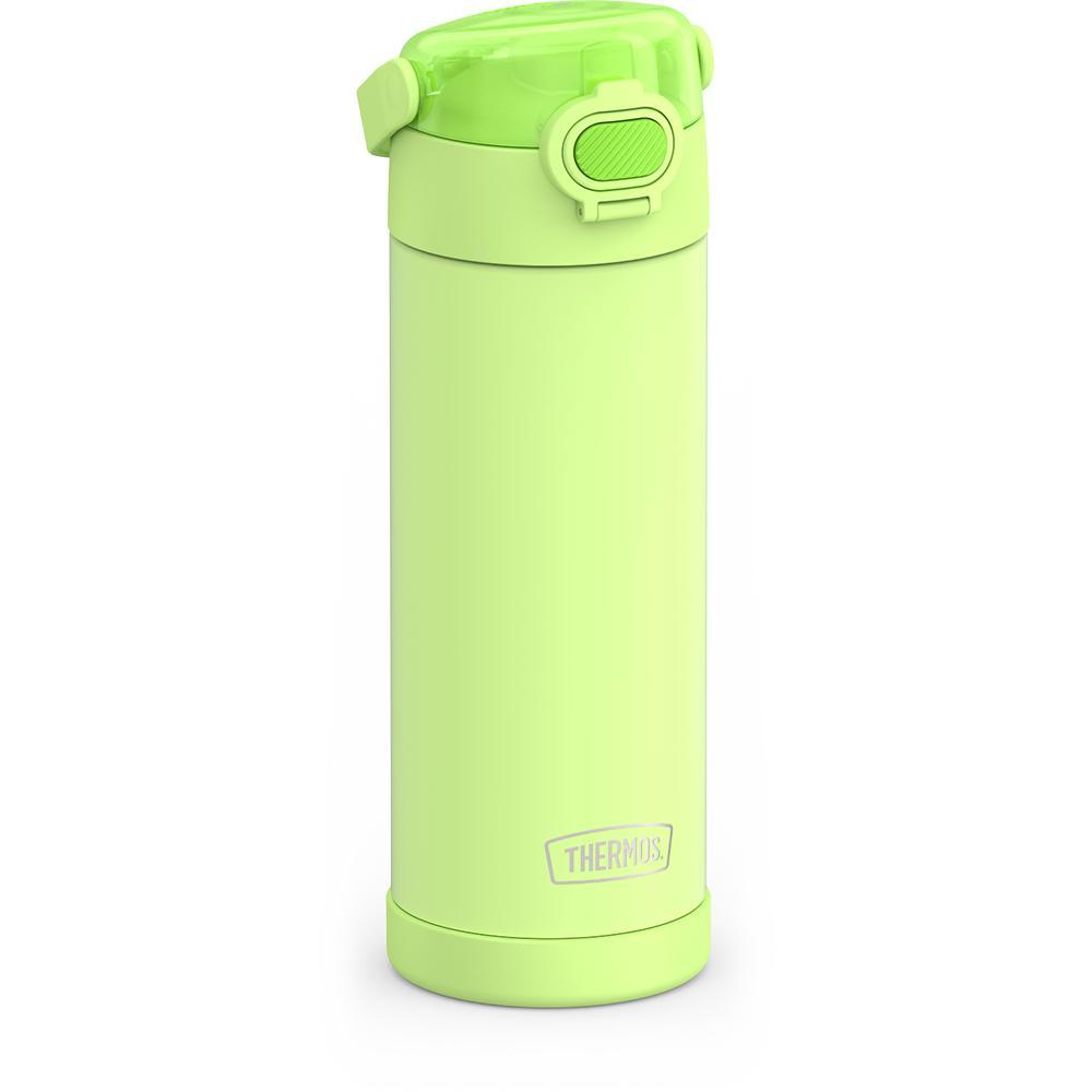 16-ounce Funtainer Stainless Steel Water Bottle with Spout and locking lid, Neon Lime, side view, handle down.