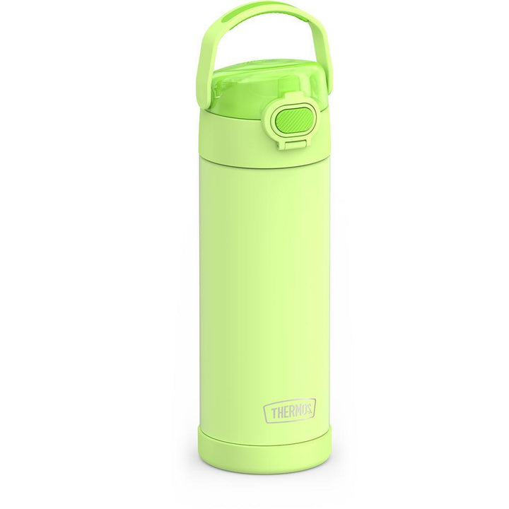 16-ounce Funtainer Stainless Steel Water Bottle with Spout and locking lid, Neon Lime, side view, handle up.