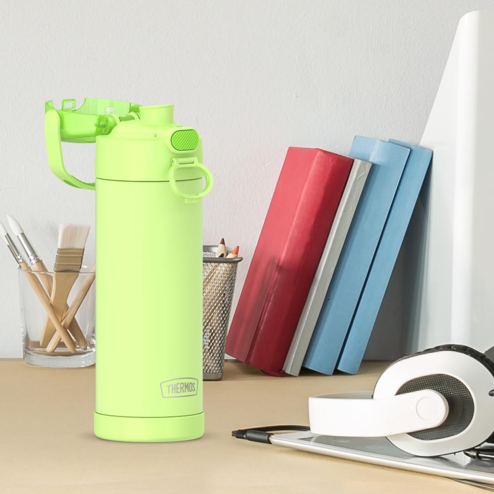 16-ounce Funtainer Stainless Steel Water Bottle with Spout and locking lid, Neon Lime, side view, lid open, sitting on a table.