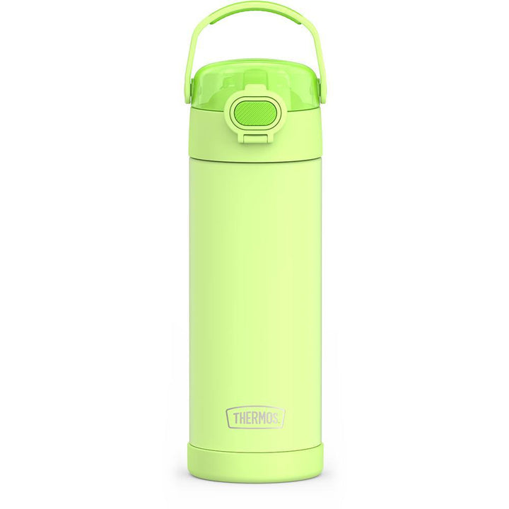 16-ounce Funtainer Stainless Steel Water Bottle with Spout and locking lid, Neon Lime, front view, handle up.