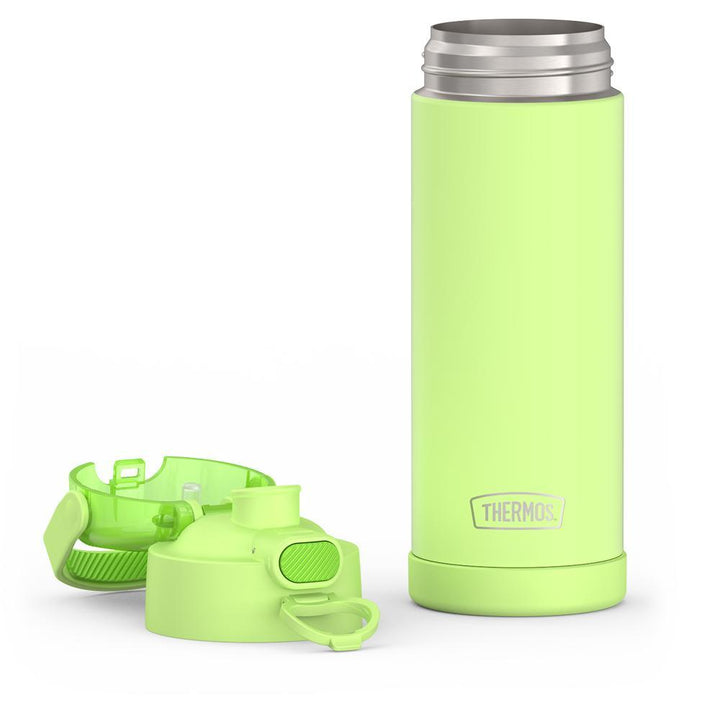 16-ounce Funtainer Stainless Steel Water Bottle with Spout and locking lid, Neon Lime, lid removed and open.