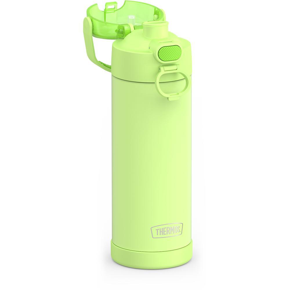 16-ounce Funtainer Stainless Steel Water Bottle with Spout and locking lid, Neon Lime, side view, lid open showing spout.