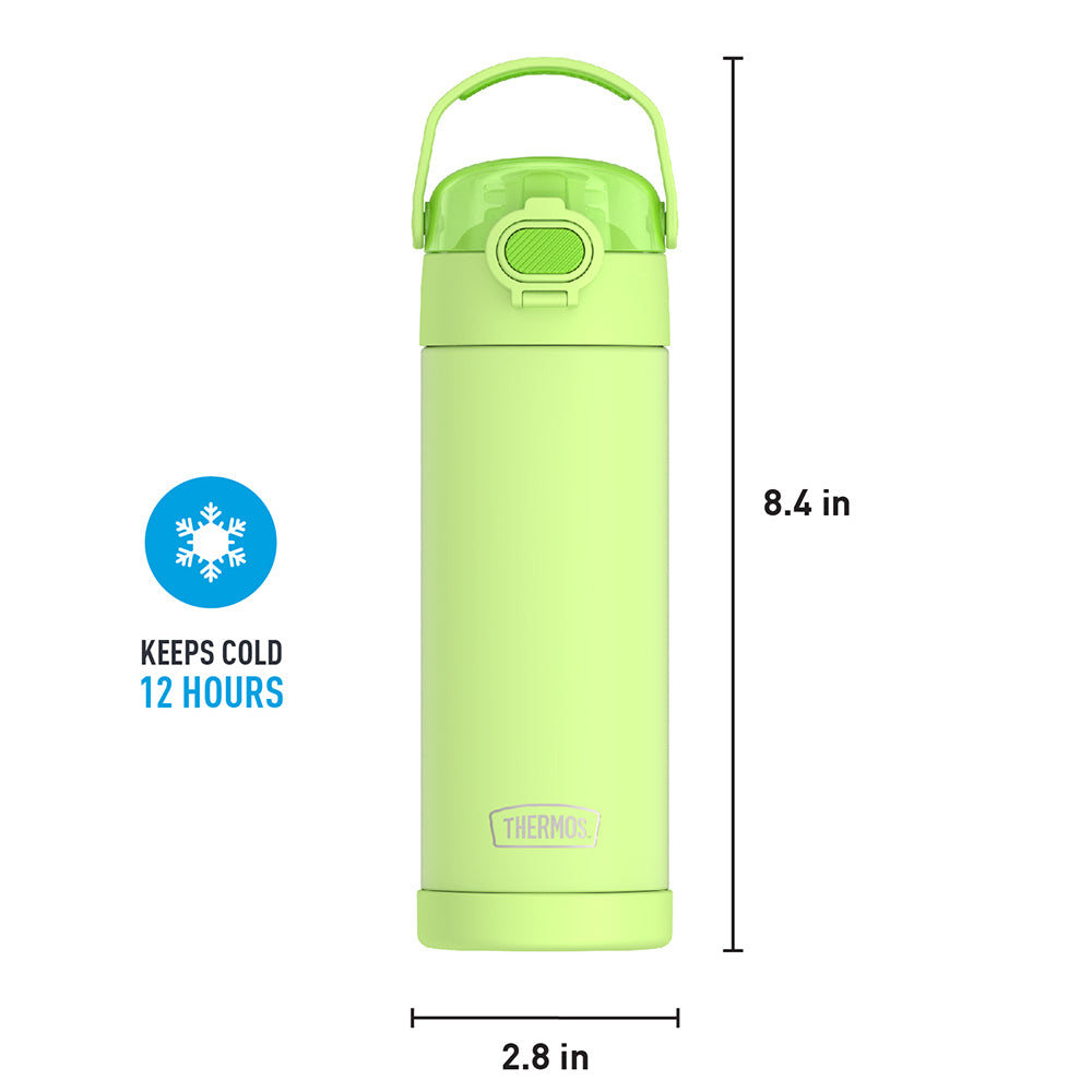 16-ounce Funtainer Stainless Steel Water Bottle with Spout and locking lid, Neon Lime, front view with handle up. 8.4 inches tall, 2.8 inches wide at base. Keeps Cold 12 Hours.