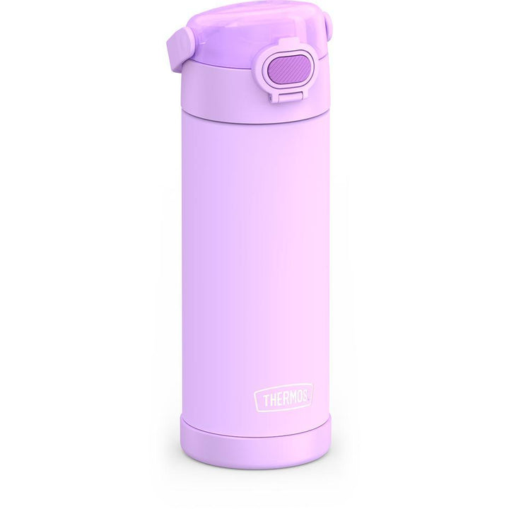 16-ounce Funtainer Stainless Steel Water Bottle with Spout and locking lid, Neon Purple, side view, handle down.