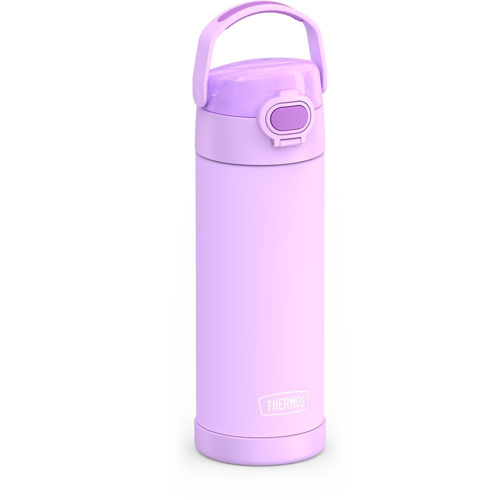 16-ounce Funtainer Stainless Steel Water Bottle with Spout and locking lid, Neon Purple, side view, handle up.