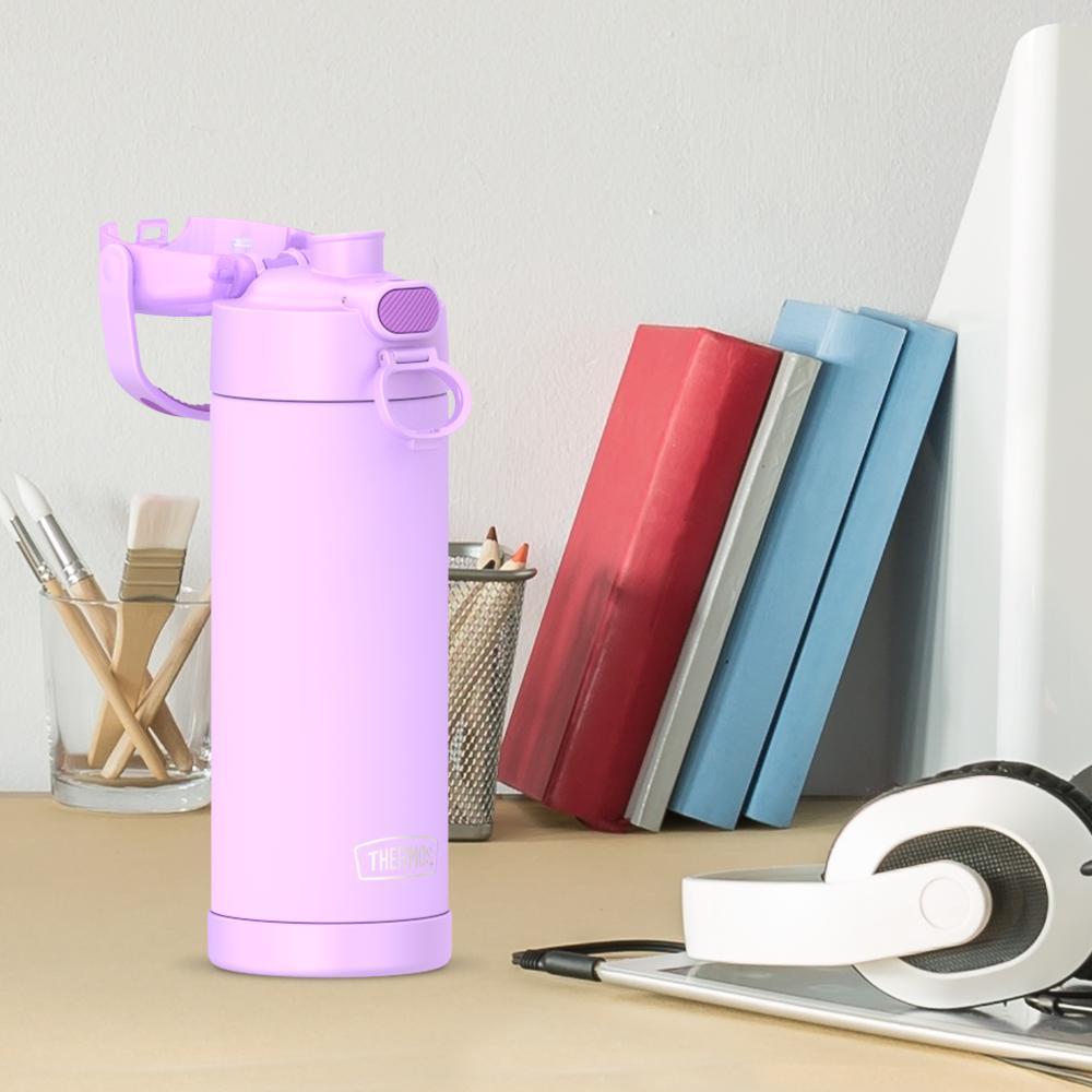 16-ounce Funtainer Stainless Steel Water Bottle with Spout and locking lid, Neon Purple, side view, lid open, sitting on a table.