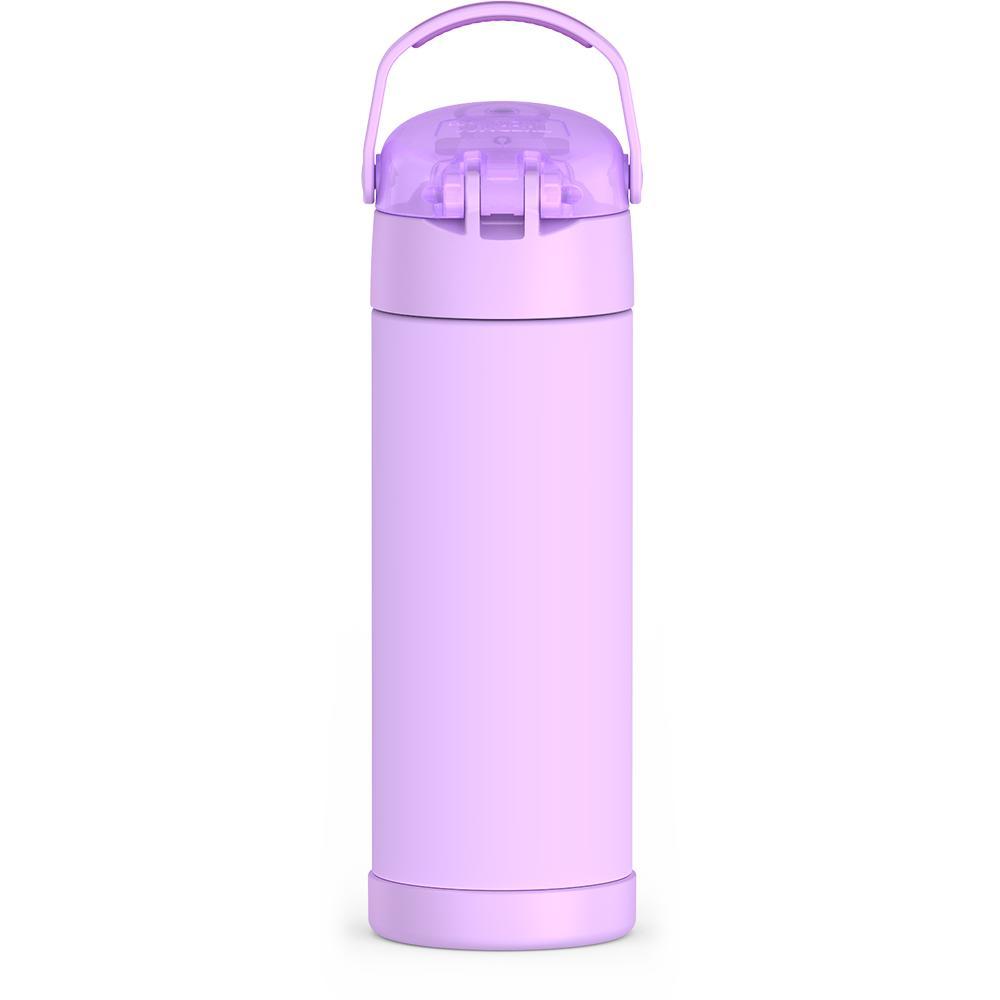 16-ounce Funtainer Stainless Steel Water Bottle with Spout and locking lid,  back view, handle up, Neon Purple.