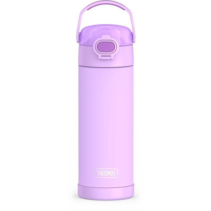 16-ounce Funtainer Stainless Steel Water Bottle with Spout and locking lid, Neon Purple, front view, handle up.