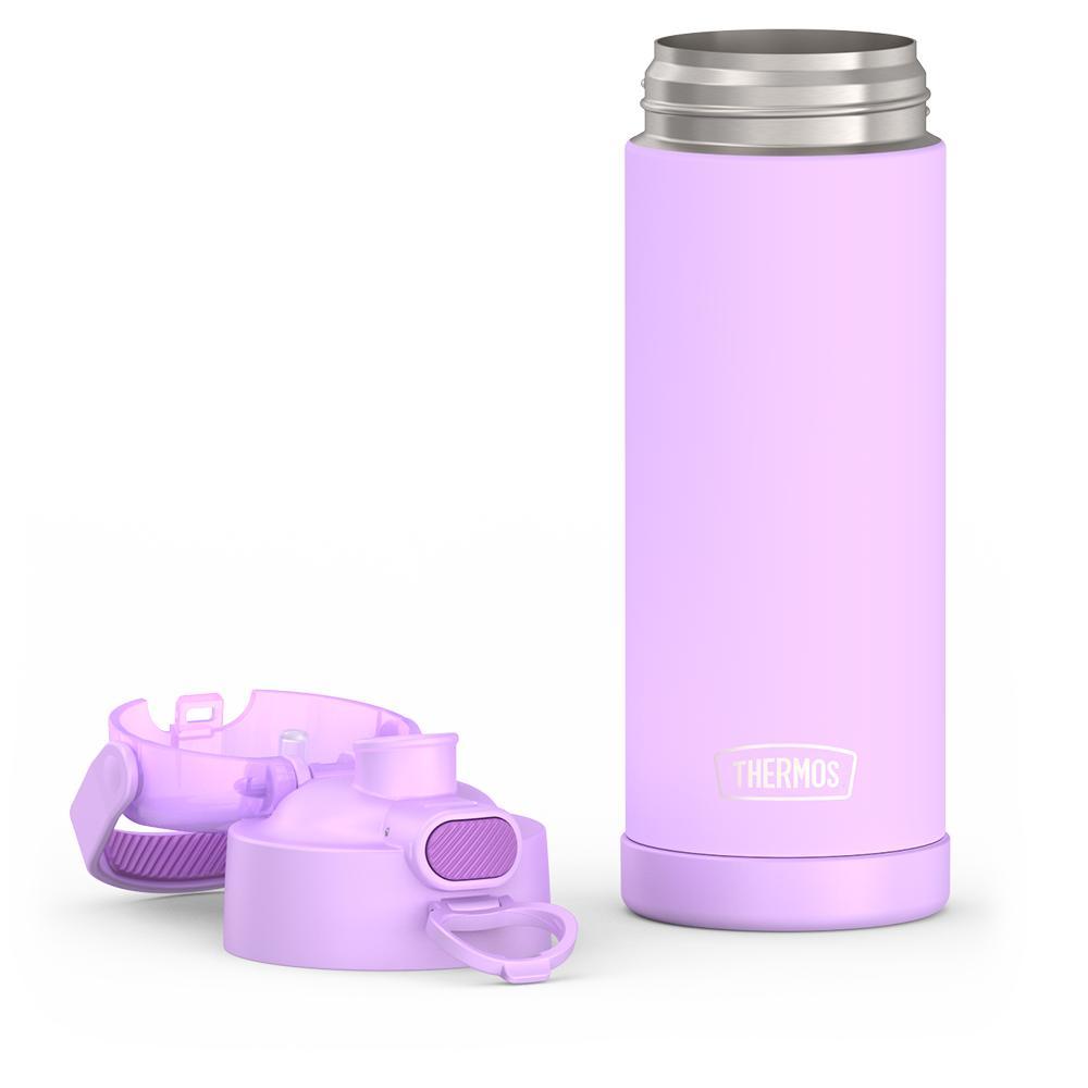 16-ounce Funtainer Stainless Steel Water Bottle with Spout and locking lid, Neon Purple, unassembled - lid removed.